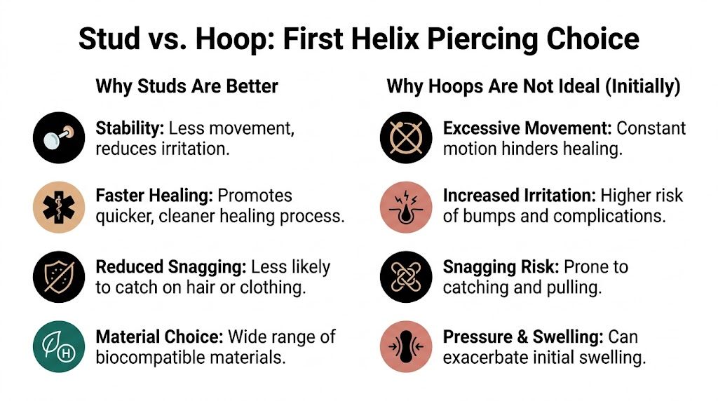An infographic comparing the benefits of choosing a stud over a hoop for an initial helix piercing.