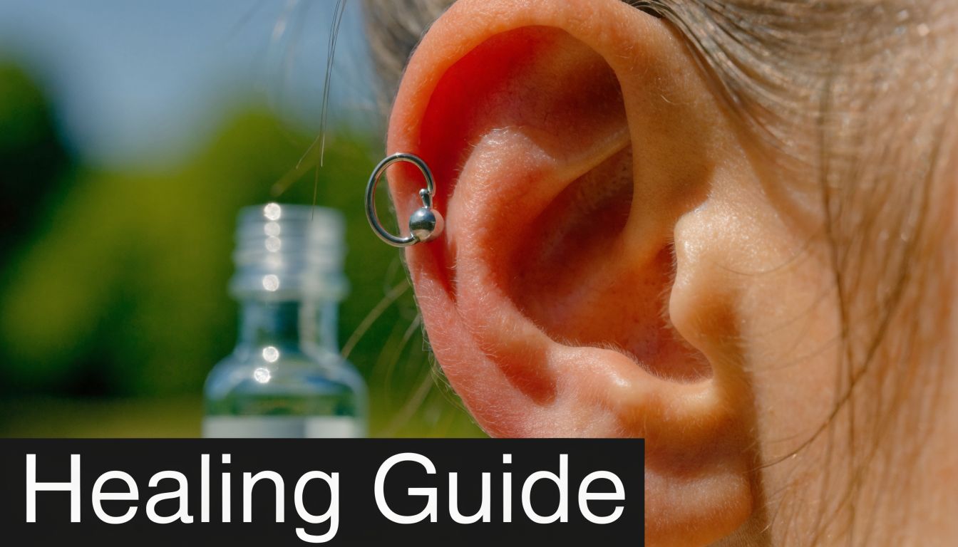 A close-up view of a metal ring ear piercing on a helix with a bottle in background.