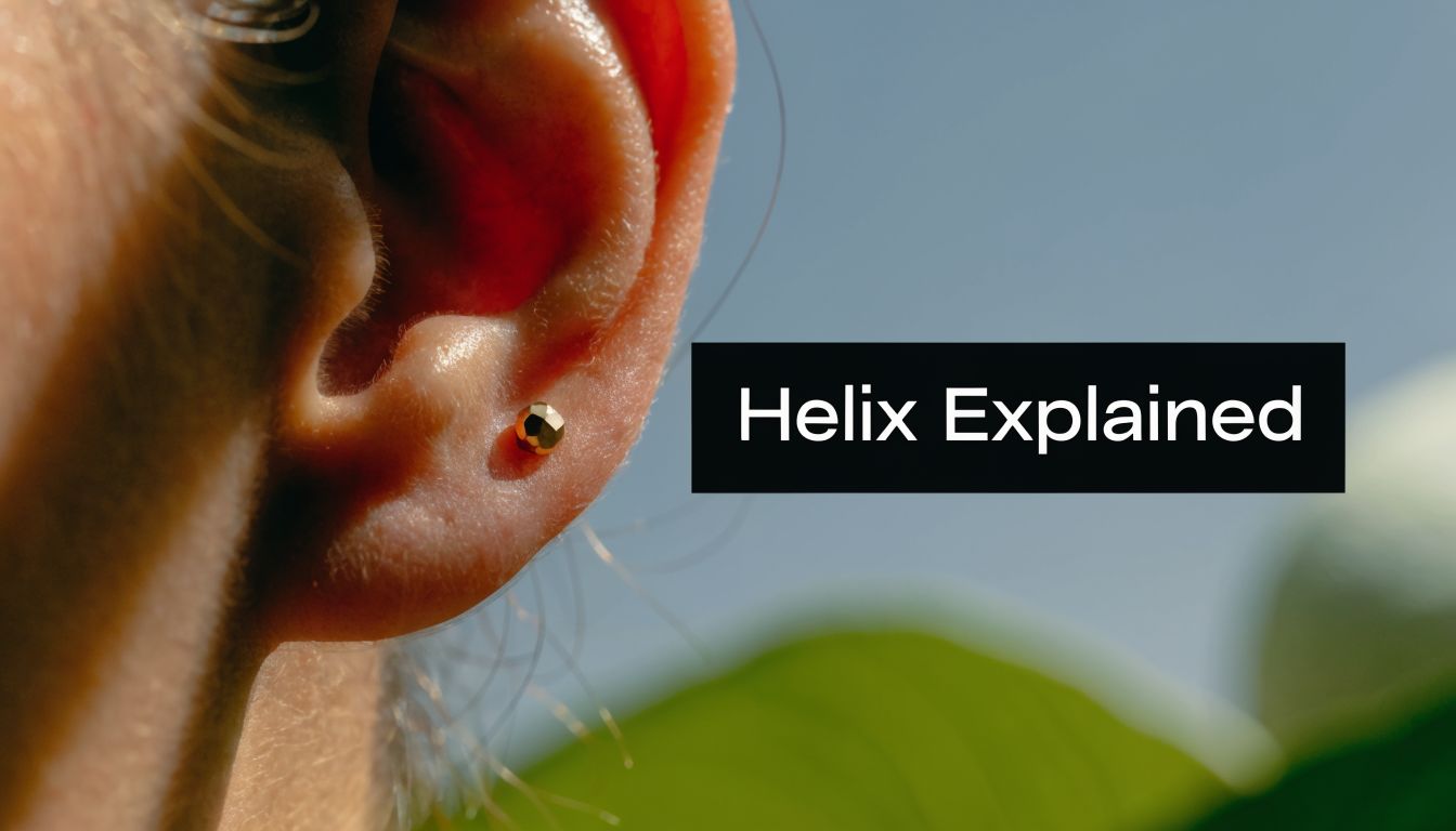 A close-up view of a gold faceted stud earring worn in an ear lobe piercing.