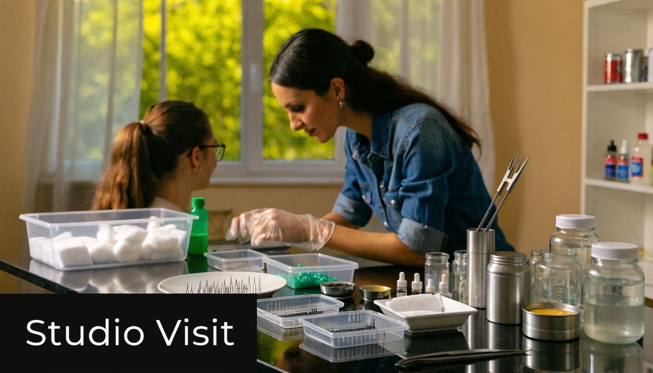 A professional piercer in a studio prepares equipment while a client sits nearby for a piercing.