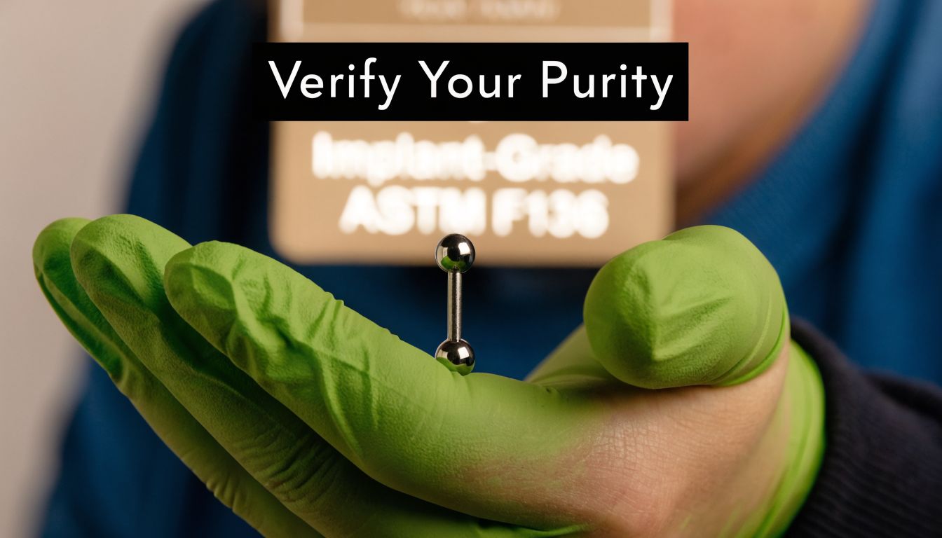 A gloved hand holds a piece of implant-grade titanium piercing jewellery against a certificate background.