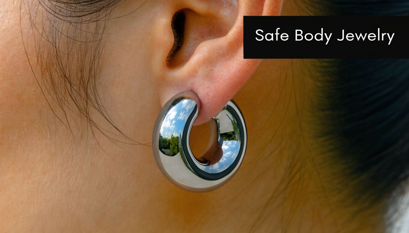 A close-up view of a person wearing a large, polished silver hoop piercing in their earlobe.