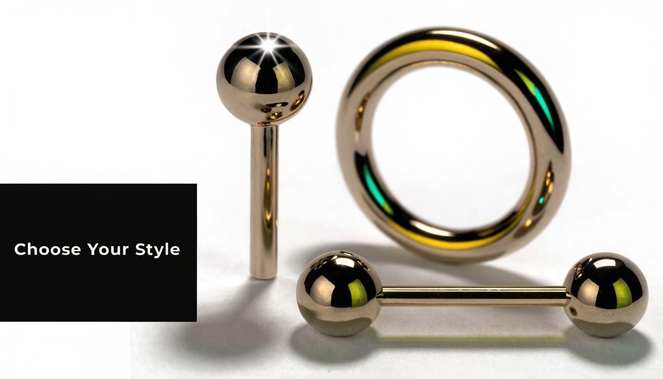 A close-up shot of three pieces of gold-colored titanium piercing jewelry displayed on a white background.