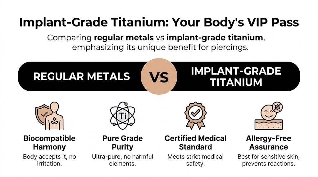 An infographic comparing regular metals with implant-grade titanium for piercing jewelry, highlighting biocompatibility, purity, and allergy safety.
