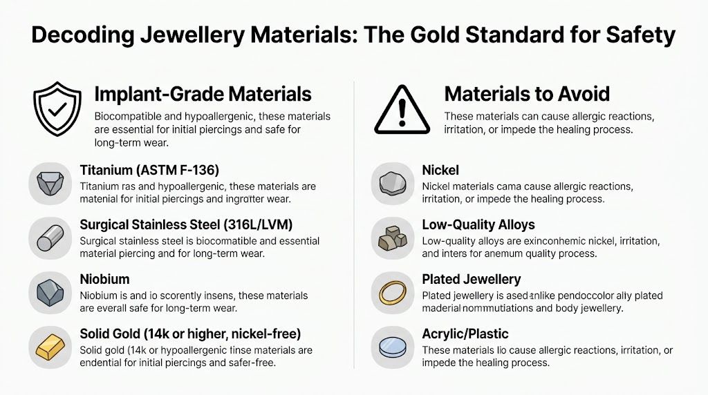 A comparison chart outlining safe implant-grade jewelry materials versus materials to avoid for body piercings.