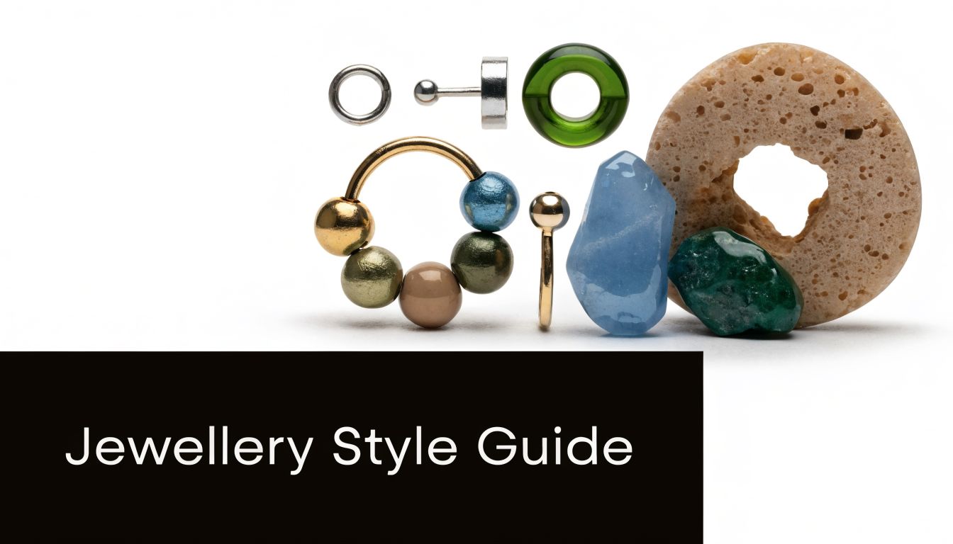 A collection of various body piercing jewelry including rings, studs, and decorative stones on white background.