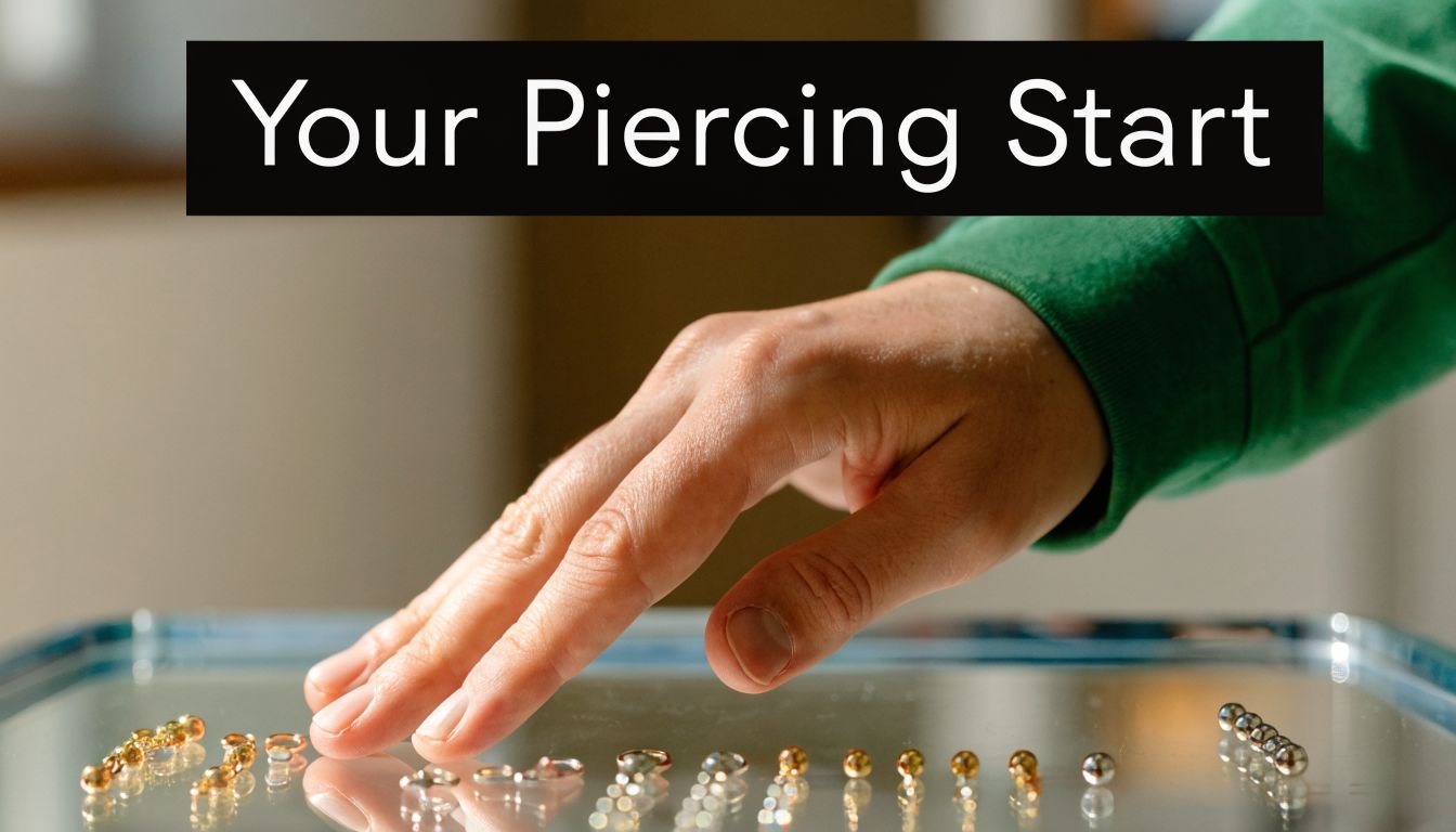 A hand reaching for various gold and silver body jewelry pieces laid out on a glass tray.