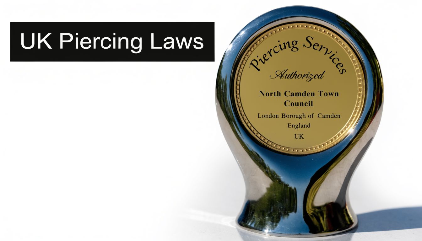 A metallic trophy plaque displayed against a white background featuring text about UK piercing laws and licensing.