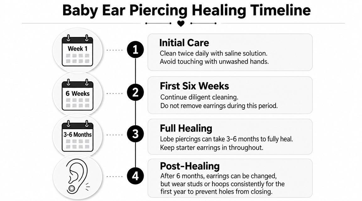A helpful infographic showing the step-by-step healing timeline for baby ear piercings from initial care onwards.