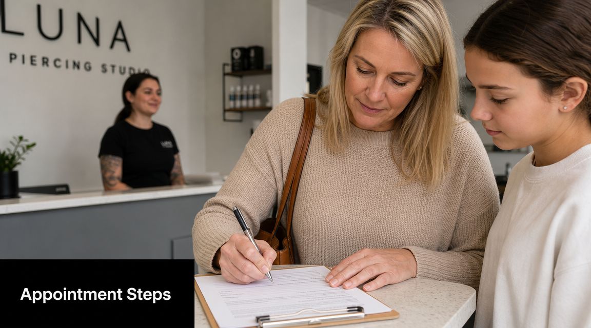 A mother fills out paperwork for her daughter at a modern piercing studio front desk.