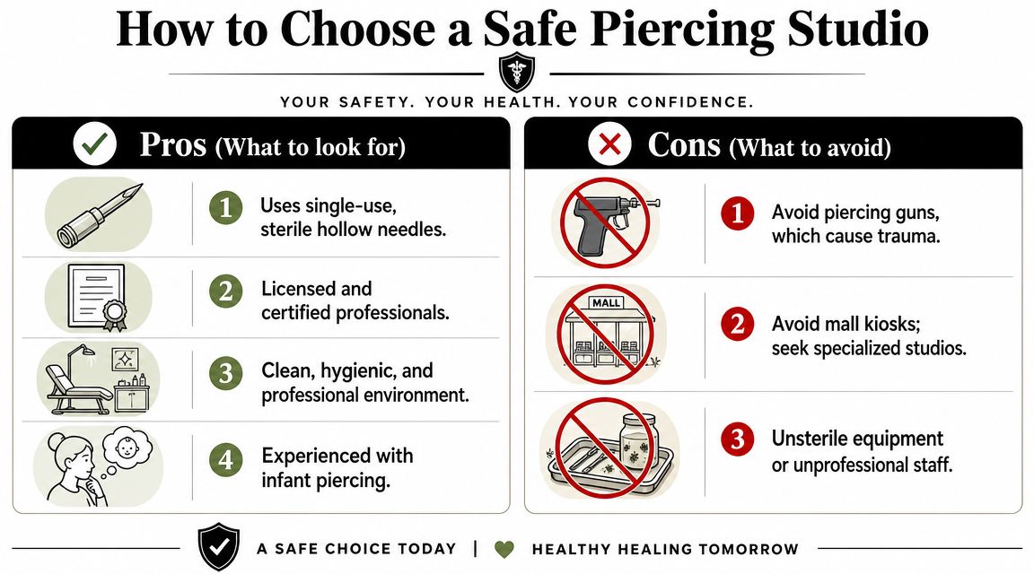 An infographic detailing the pros and cons of choosing a safe professional piercing studio for infants.