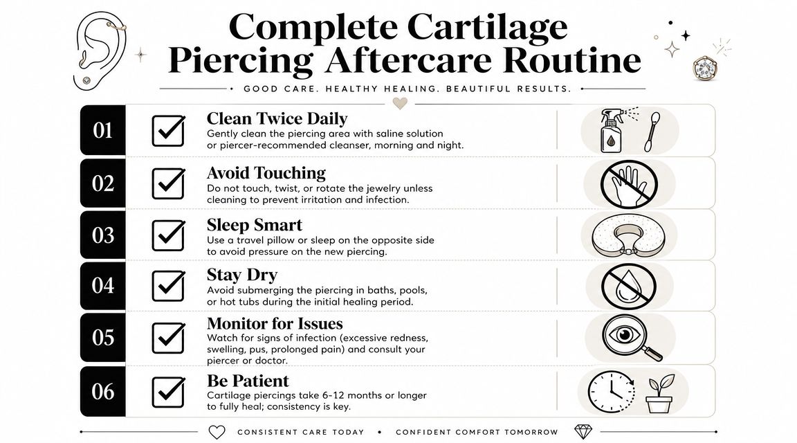 A helpful infographic outlining six essential aftercare steps for maintaining a healthy cartilage ear piercing.