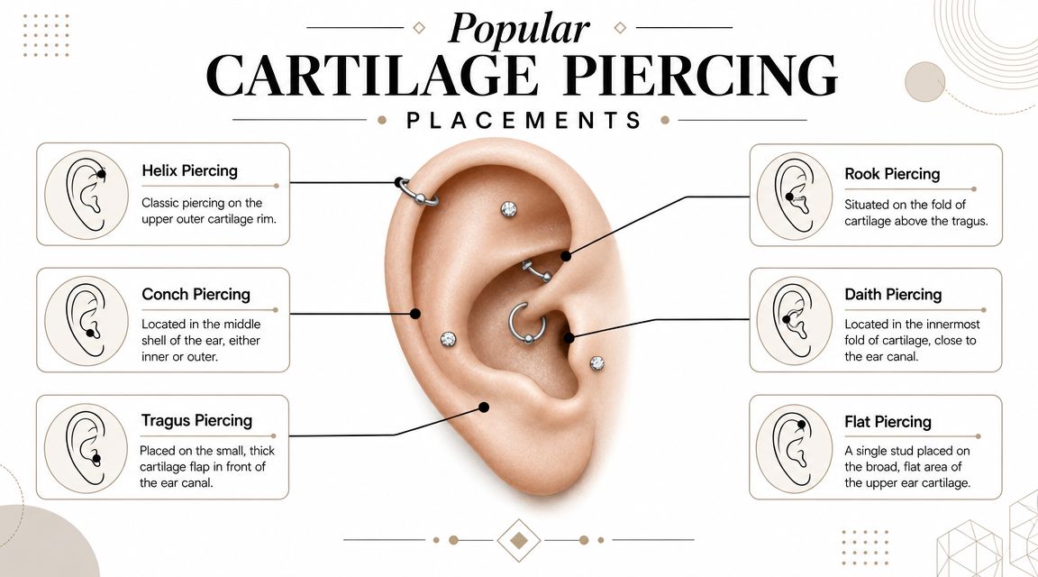 An infographic illustrating various popular cartilage ear piercing placements with labels and descriptive text for each.