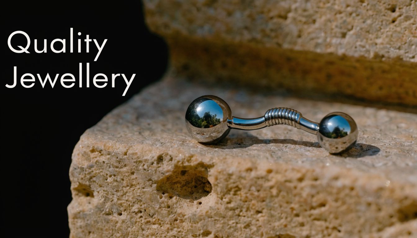 A silver double helix piercing jewelry piece rests on a textured stone surface against a black background.