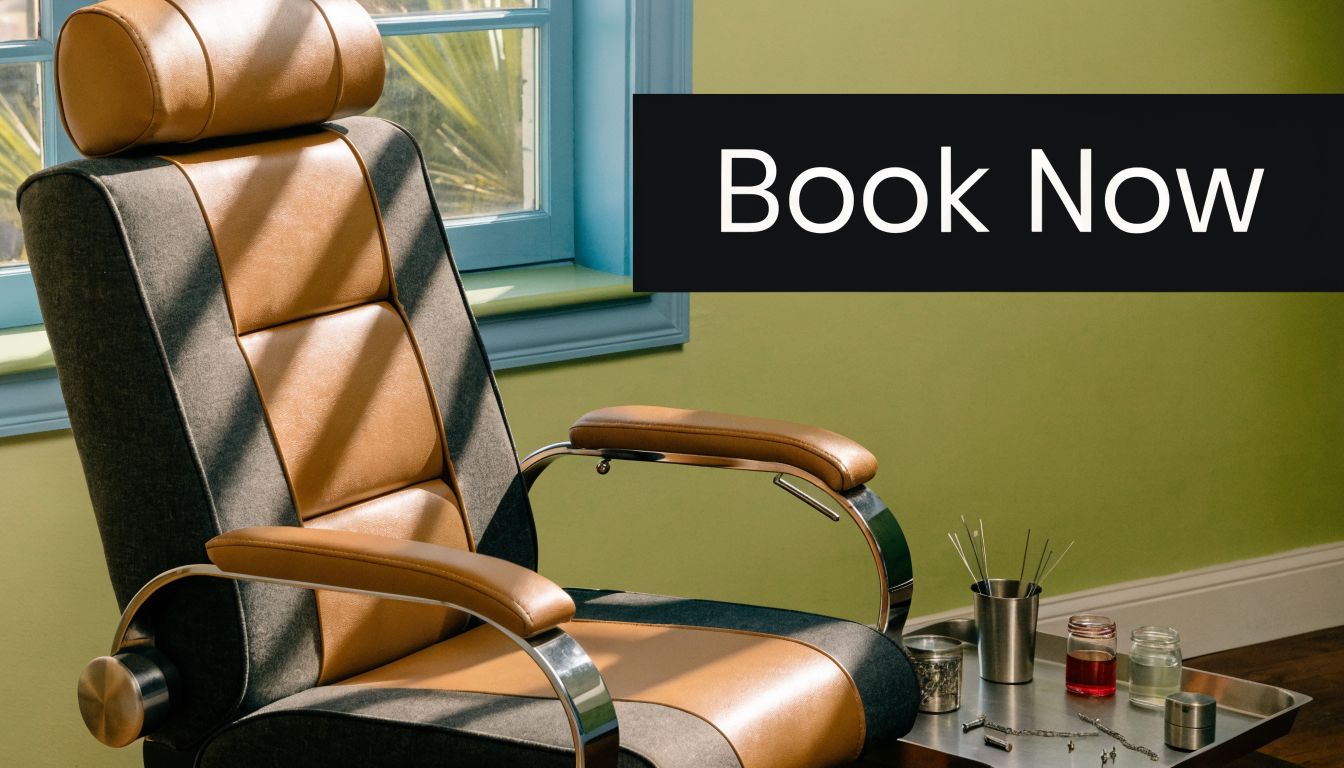 A professional piercing chair sits in a studio with tools on a metal tray nearby.