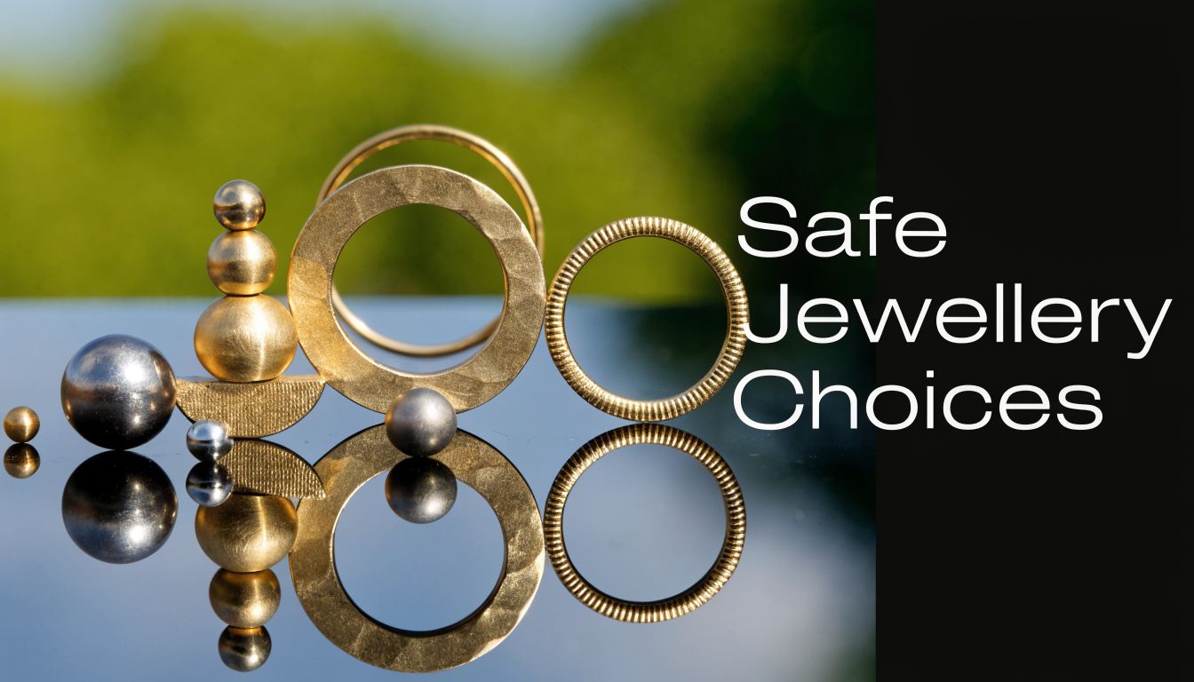 Abstract composition of golden and silver spheres and rings placed on a reflective surface outdoors.