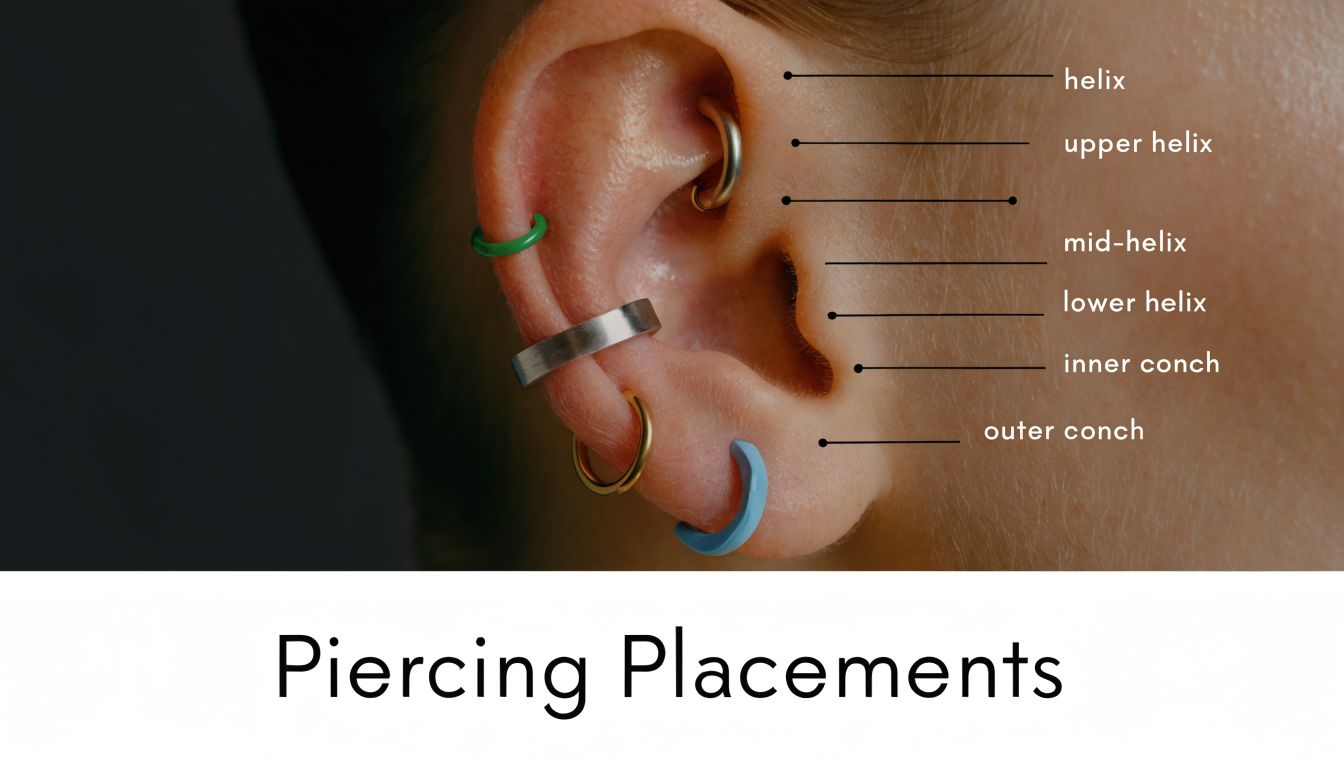 A close-up view of an ear with various colorful hoop piercings labeled with anatomical placement names.