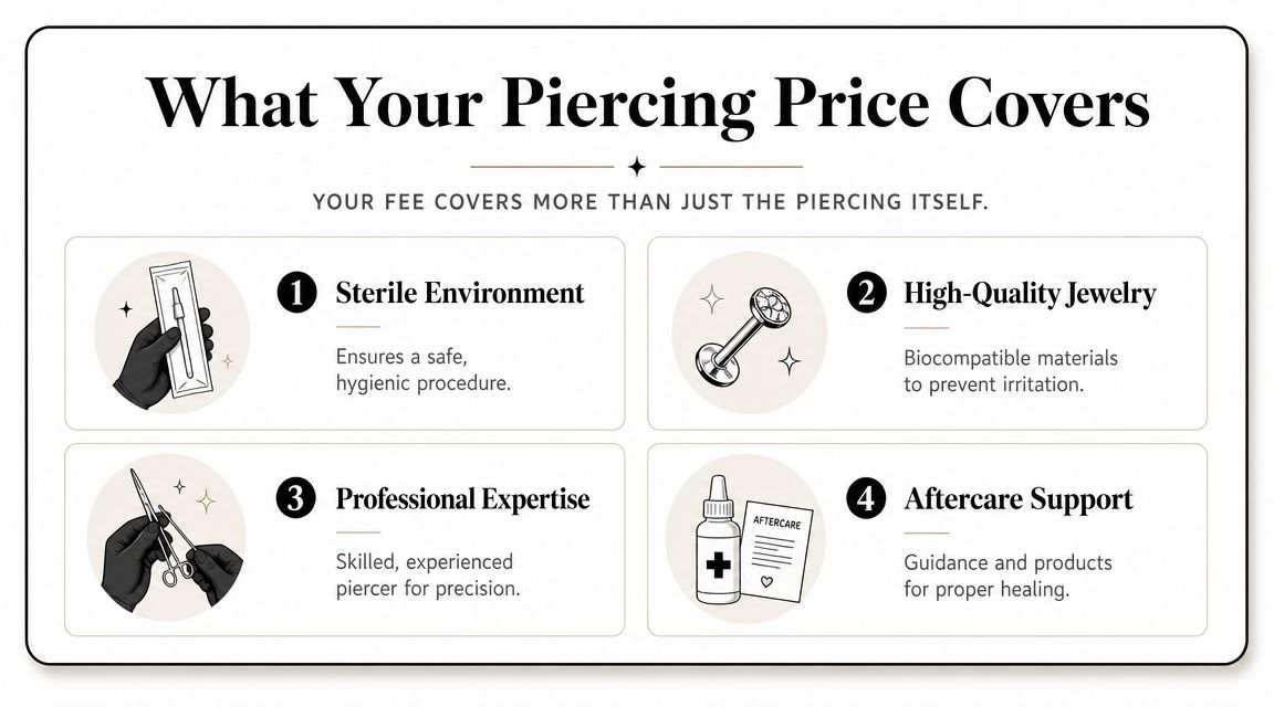 A professional infographic titled What Your Piercing Price Covers explaining the value of professional piercing services.