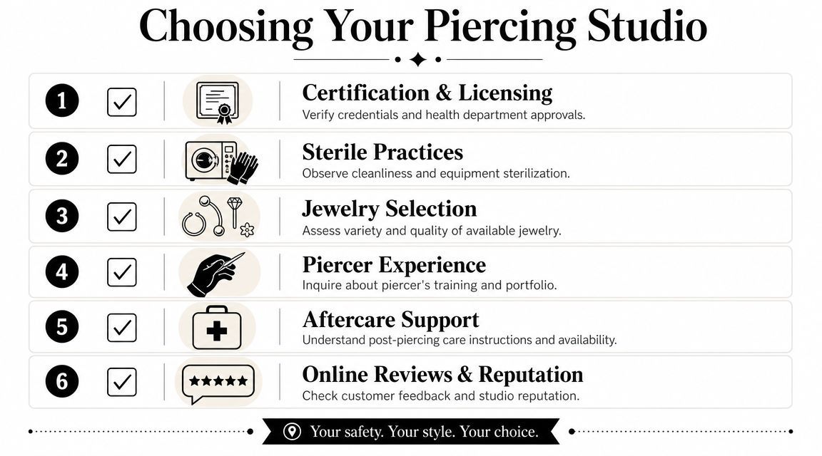 A helpful checklist for choosing a safe, reputable, and professional piercing studio for your next body piercing.