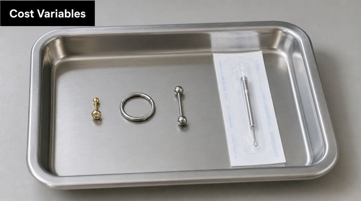 A stainless steel medical tray holding various body piercing jewelry and a sterile piercing tool.