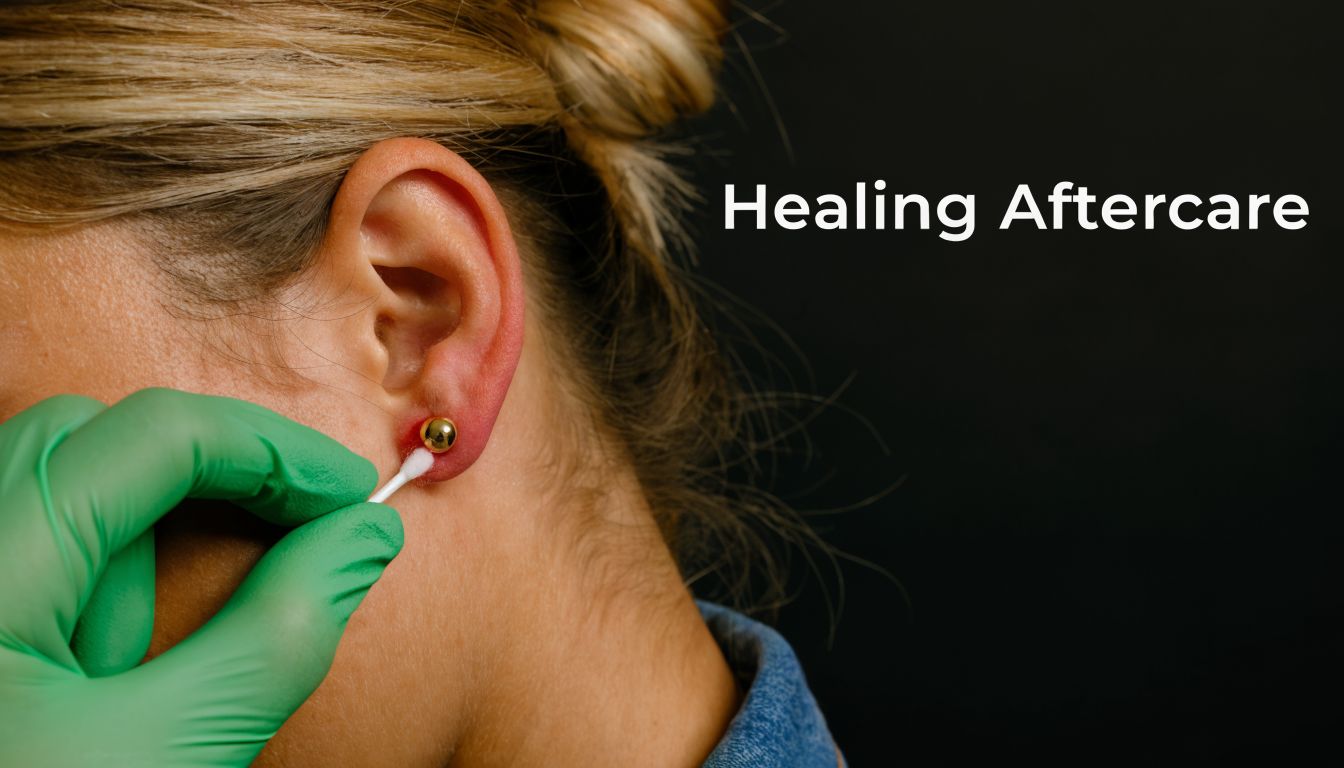 A professional with a green glove cleaning a new ear piercing with a cotton swab.