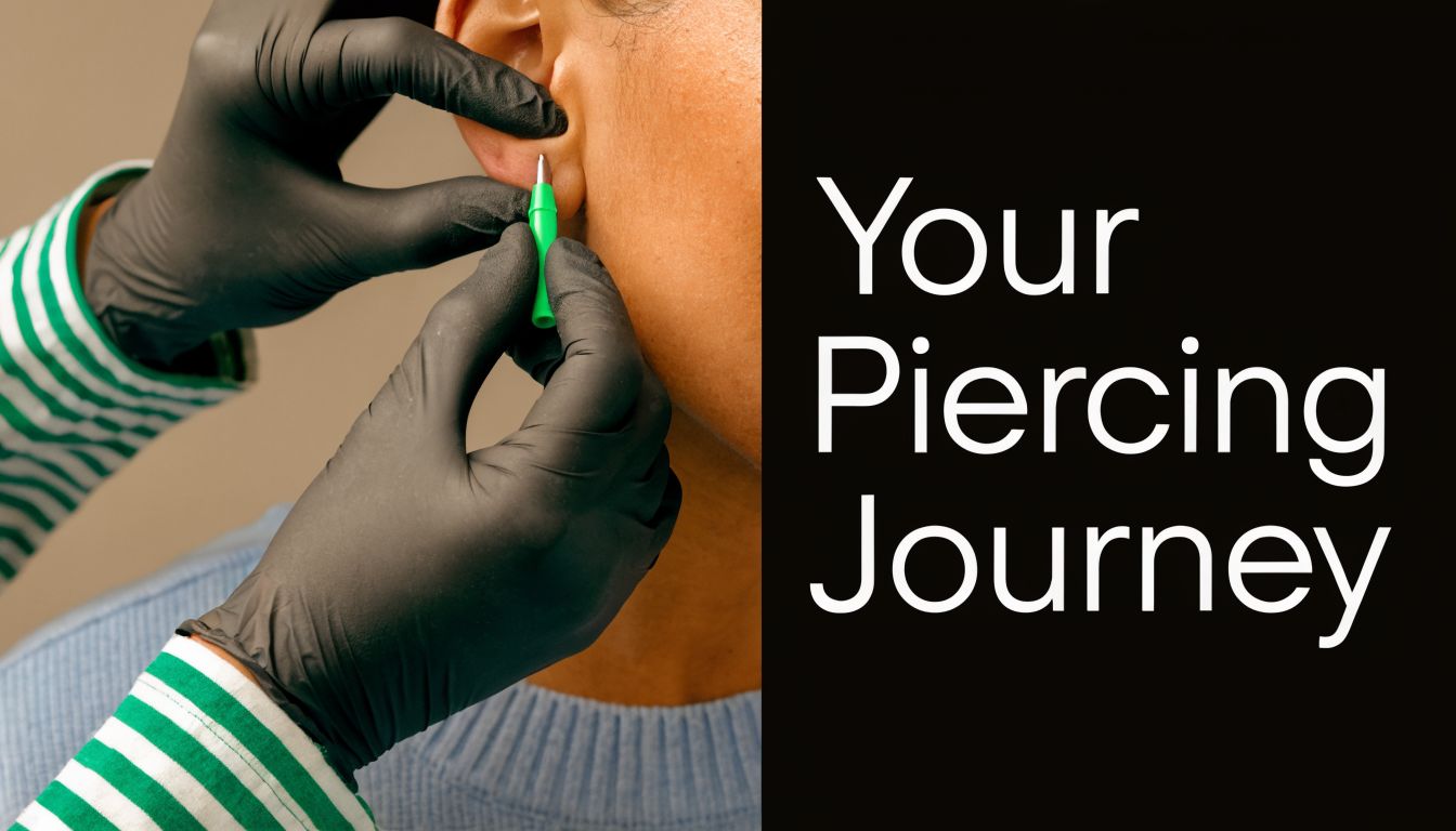 A professional piercer wearing black gloves marks an earlobe with a green pen for a new piercing.