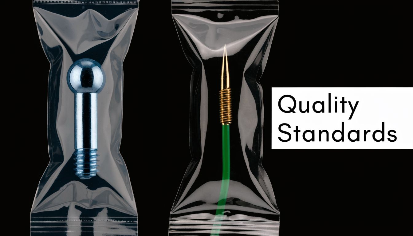 Two medical grade piercing components sealed in individual sterile plastic packaging on a black background.