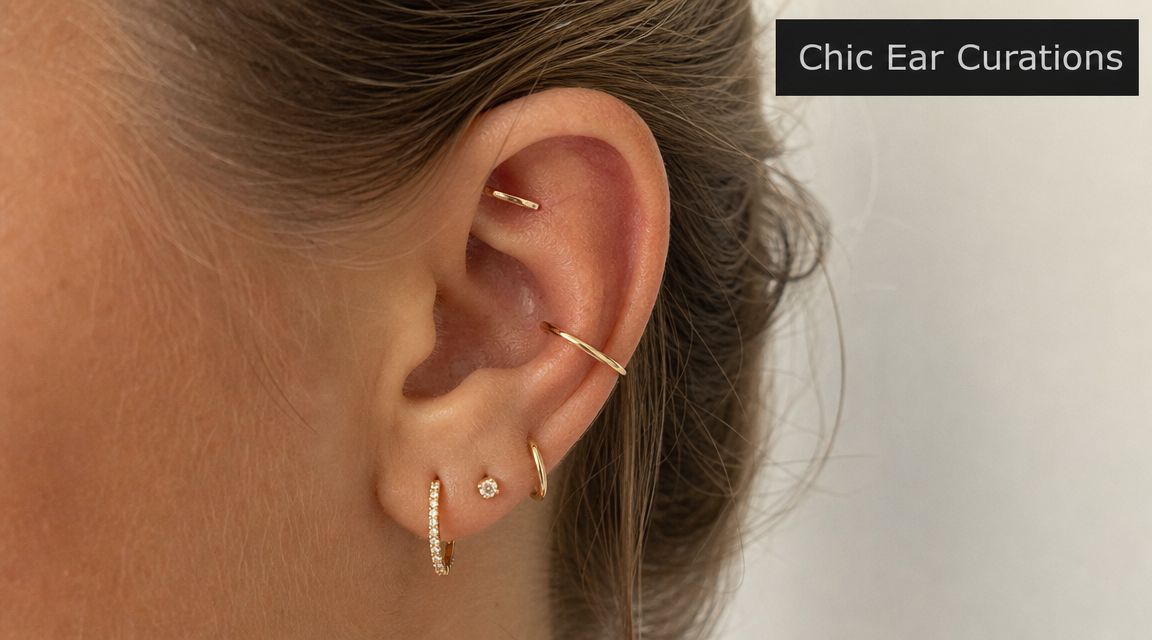 A close-up side profile of a woman wearing delicate gold rook, conch, and lobe piercings.