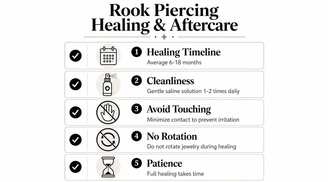 An infographic detailing rook piercing healing and aftercare tips including timeline, cleaning, and essential hygiene steps.