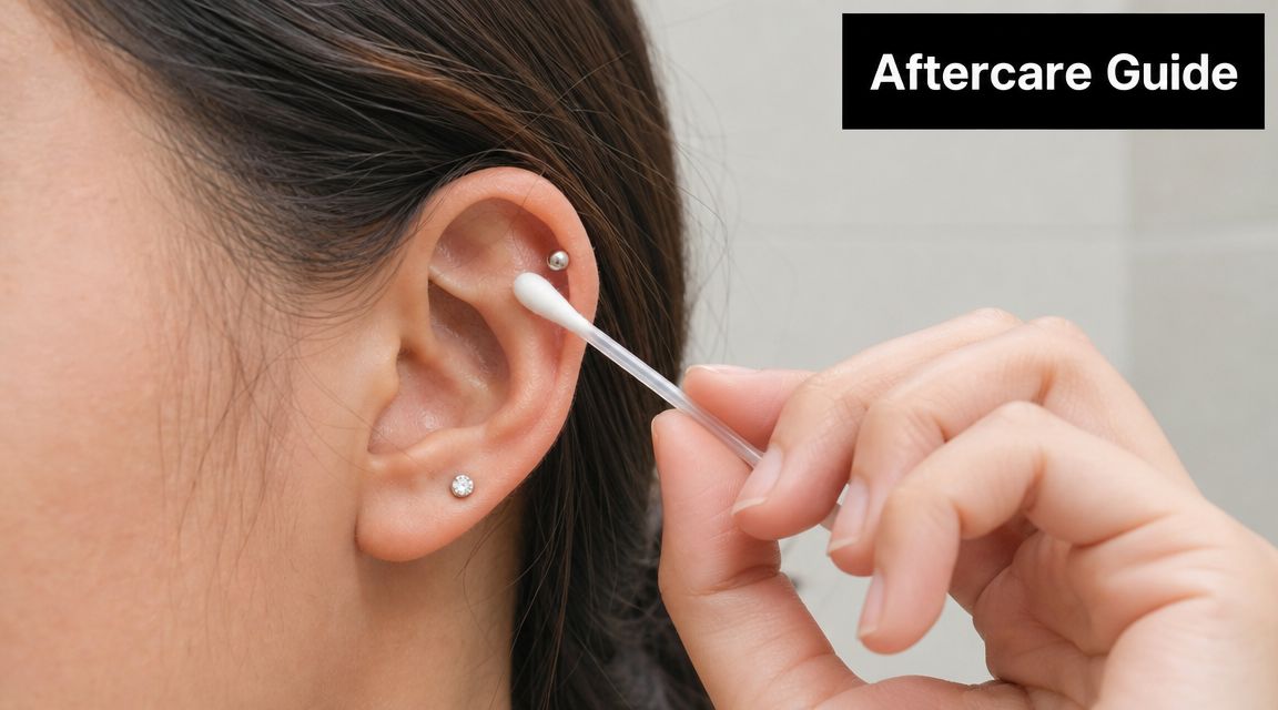 A close-up view of a person using a cotton swab to clean their new helix ear piercing.
