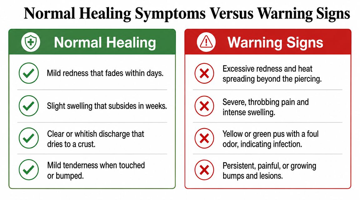 A comparison chart showing normal piercing healing symptoms versus warning signs of infection to watch for.
