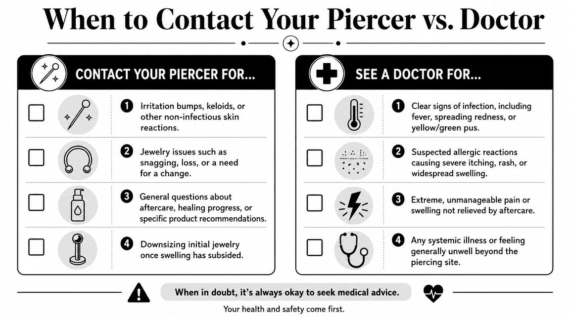 An infographic titled When to Contact Your Piercer vs. Doctor, listing specific scenarios for each professional.