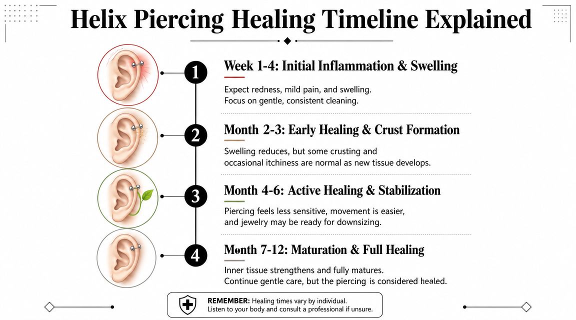 An infographic detailing the four-stage healing timeline of a helix ear piercing from week one to twelve months.
