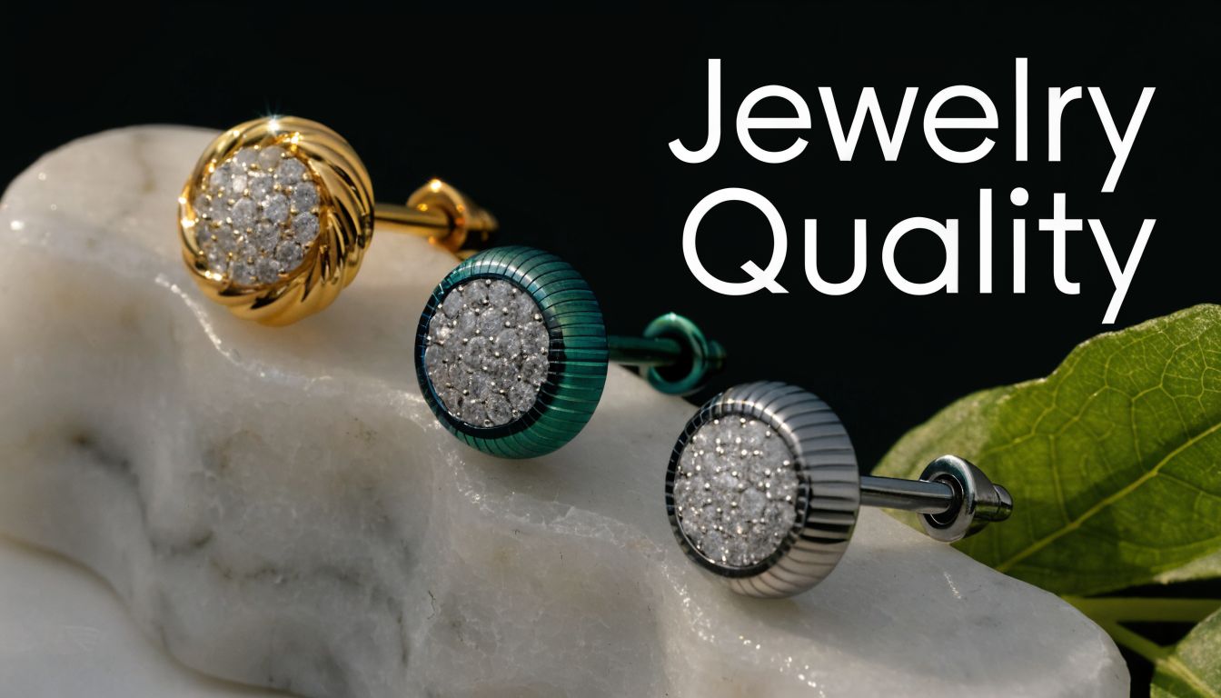 Three stylish circular nose stud earrings in gold, green, and silver displayed on a white textured stone.