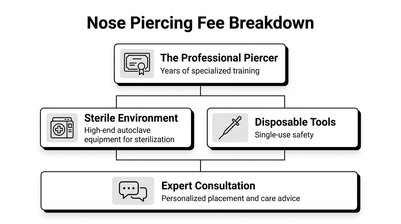 An infographic titled Nose Piercing Fee Breakdown showing costs for professional piercers, sterilization, tools, and consultations.