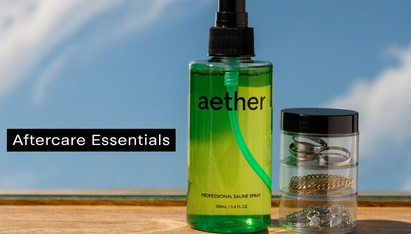 A bottle of aether professional saline spray and a small tiered container of jewelry on a wooden table.