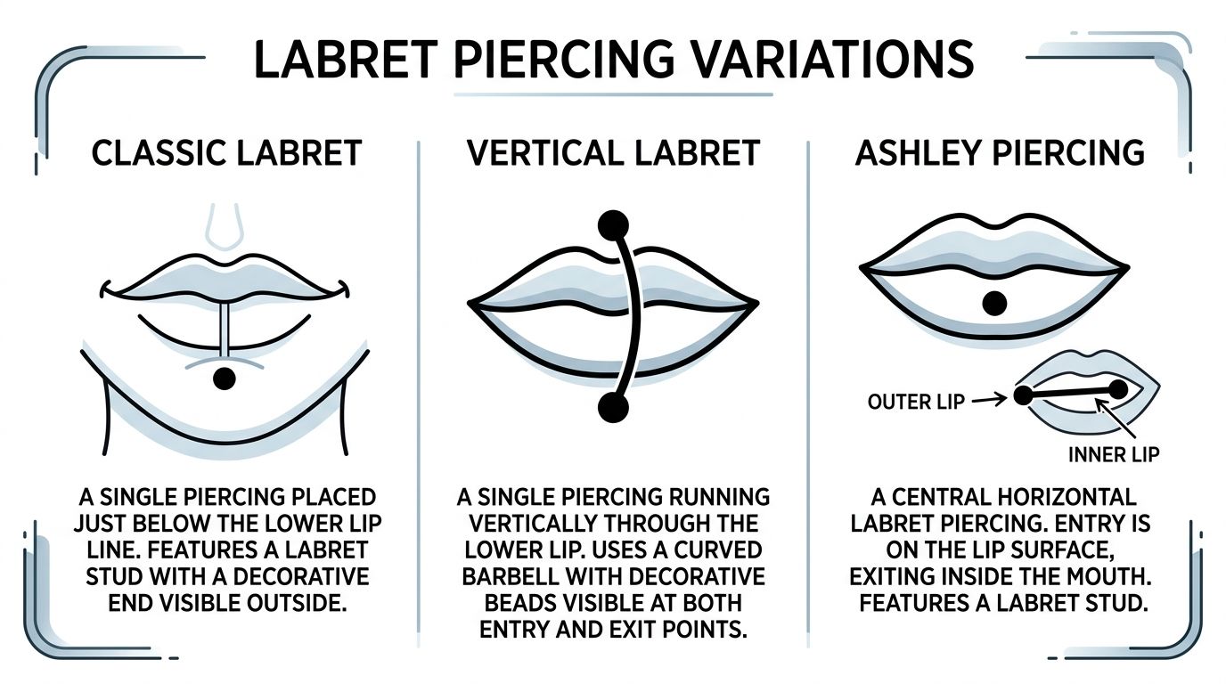 A diagram illustrating three types of lip piercings: classic labret, vertical labret, and the Ashley piercing.