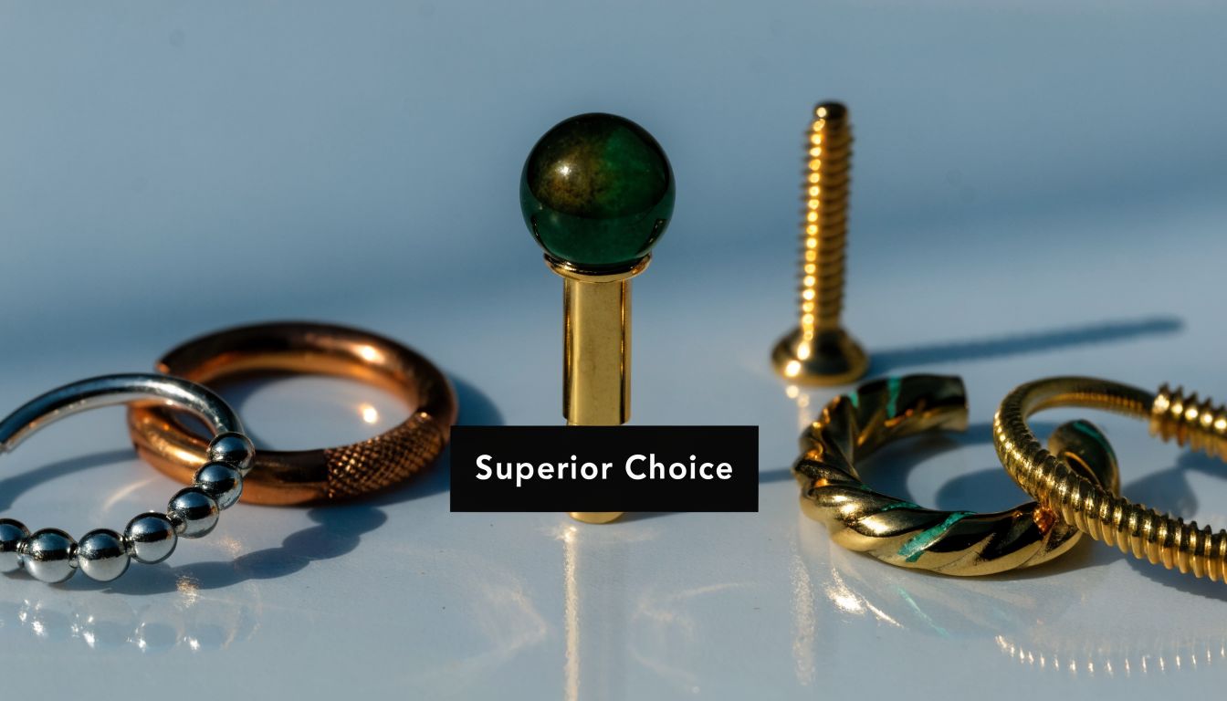 A collection of assorted gold and silver body jewelry, including labret studs and various piercing rings.