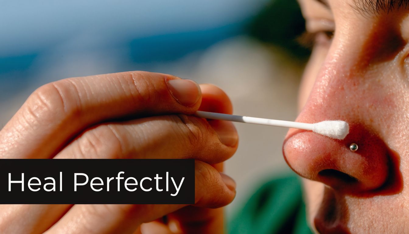 A person using a cotton swab to clean and care for a fresh nose piercing carefully.