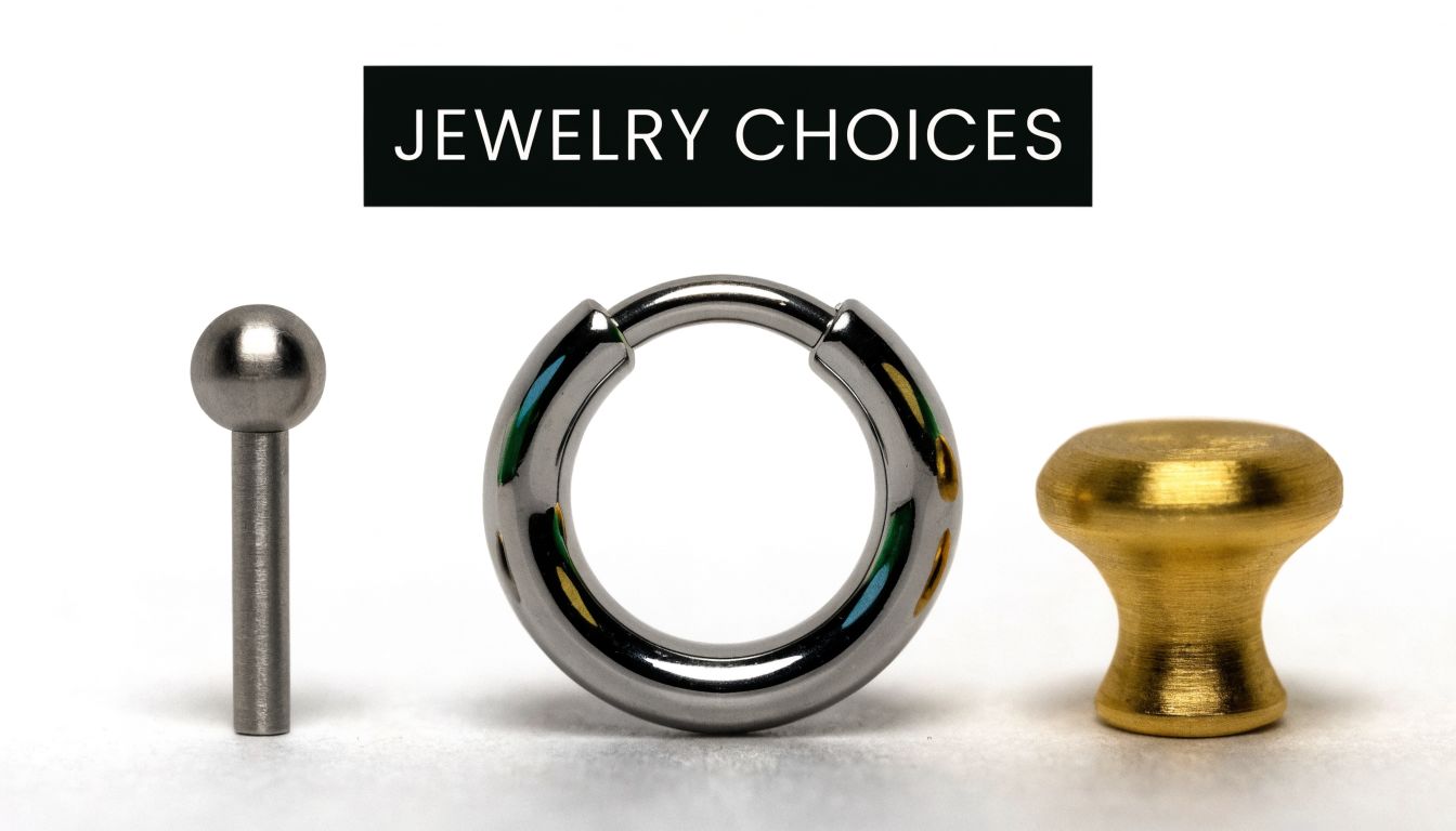 A silver barbell, a silver hoop ring, and a brass stud displayed as jewelry options for piercings.
