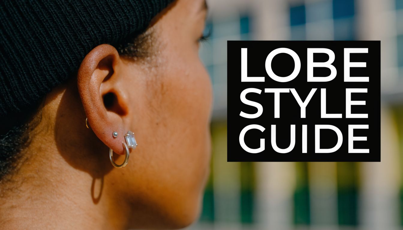 Close-up side view of a person with multiple earlobe piercings wearing gold and silver hoop earrings.