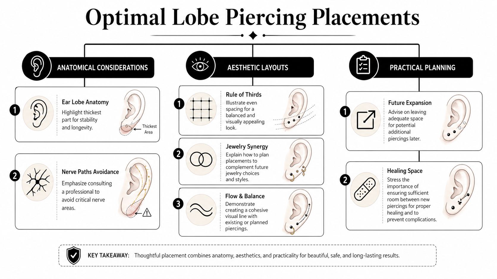 An infographic titled Optimal Lobe Piercing Placements outlining anatomical, aesthetic, and practical considerations for ear piercings.