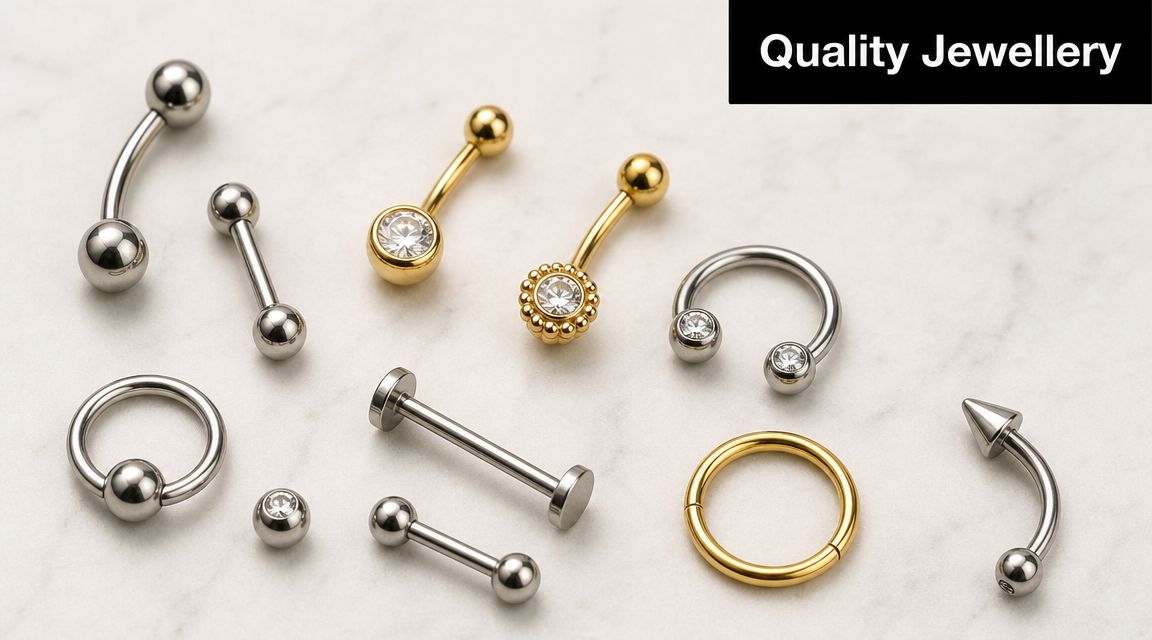 A collection of silver and gold body piercing jewelry displayed on a white marble background.