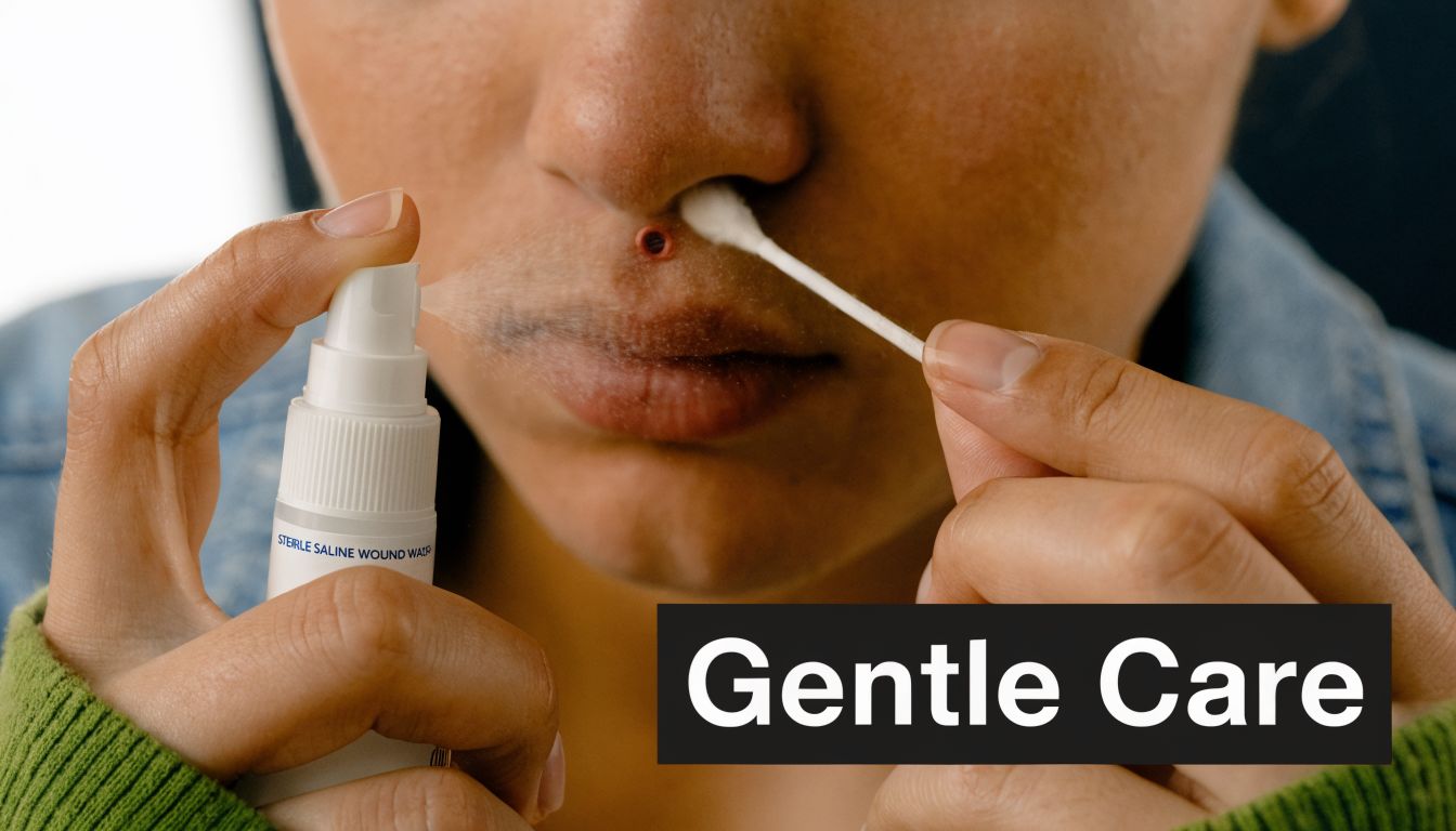 A person using a sterile saline spray and cotton swab to gently clean a new nose piercing.