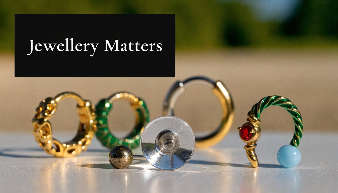 A close-up of various gold and colorful decorative piercing jewelry pieces resting on a flat surface.