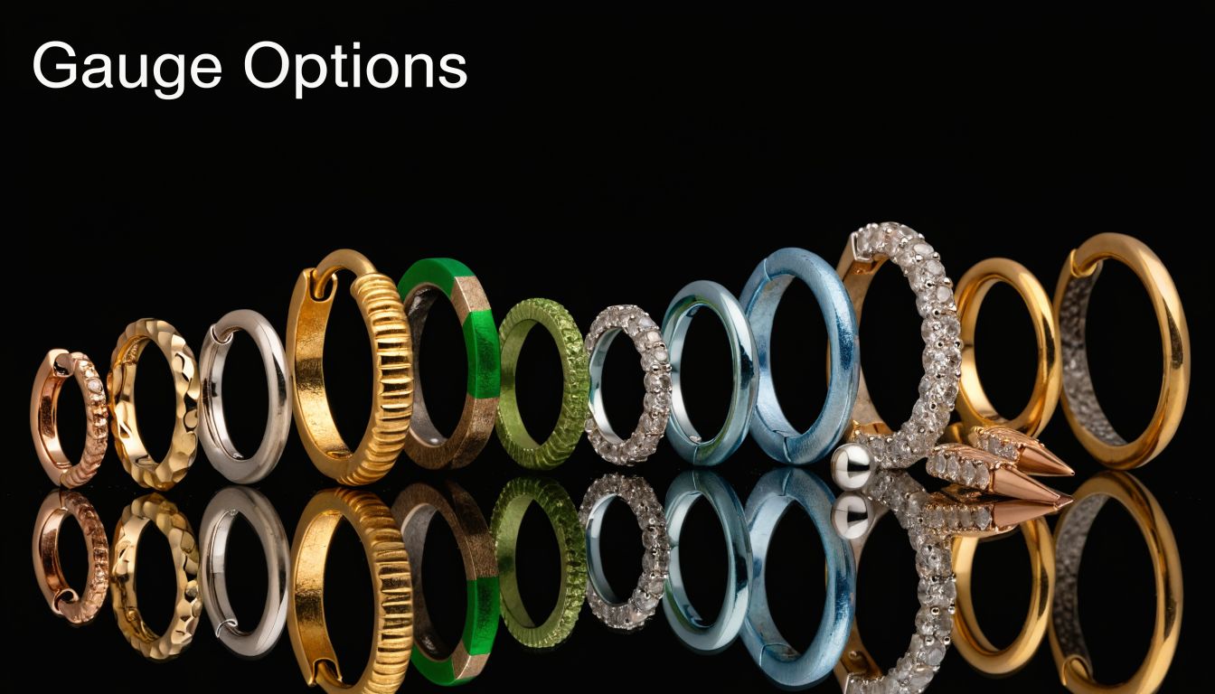 A diverse collection of various stylish hoop earrings arranged in a row against a black background.