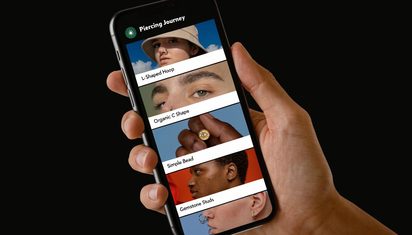 A hand holding a smartphone displaying a mobile app interface featuring various nostril piercing jewelry options.
