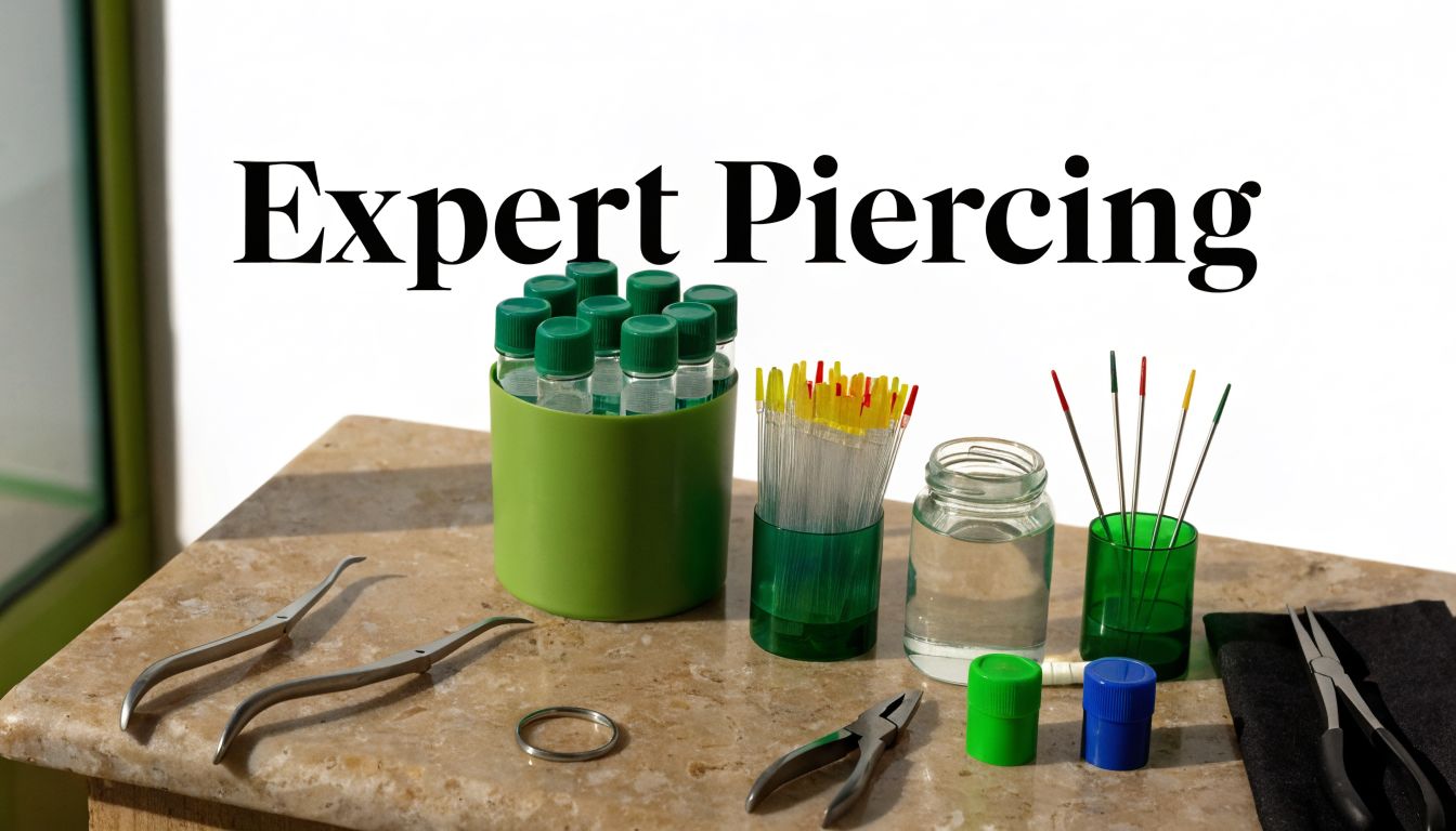 Professional body piercing tools, including surgical needles, forceps, and liquid-filled vials displayed on a marble table.