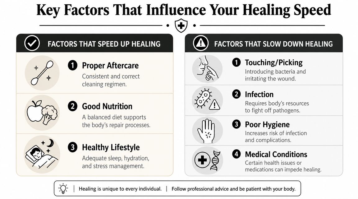 An infographic showing factors that speed up or slow down the healing of body piercings or wounds.