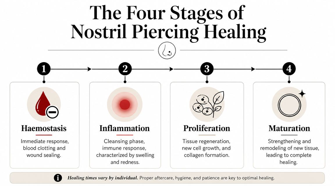 A diagram outlining the four stages of nostril piercing healing: hemostasis, inflammation, proliferation, and maturation.